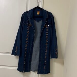 Scully Dark Blue Denim Long Jacket with Brown Lace-Up Trim